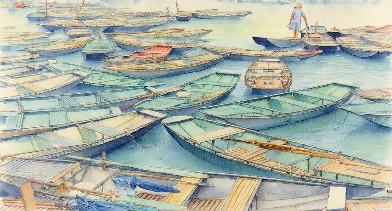 Aquarelle de barques amarrées les unes à côté des autres