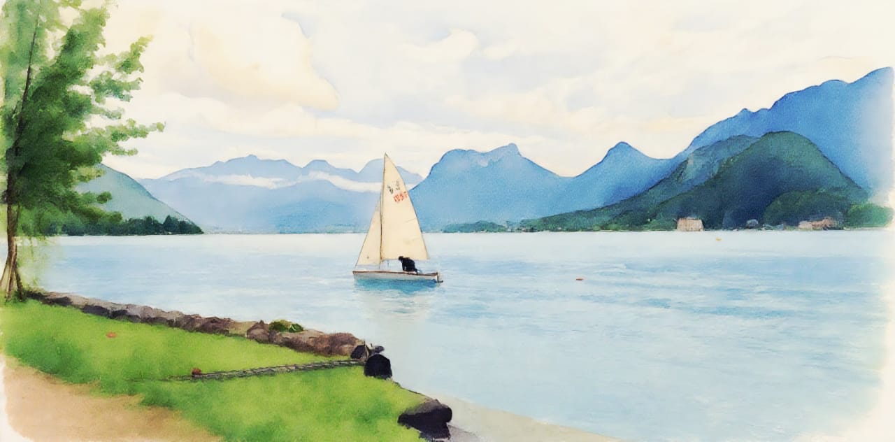 Aquarelle d’un voilier seul sur un lac de montagne